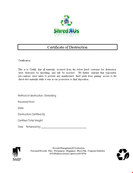 certificate of destruction - secure materials destruction & shredding services template