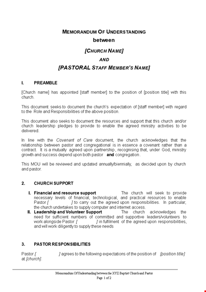 church memorandum of understanding template for pastor position template