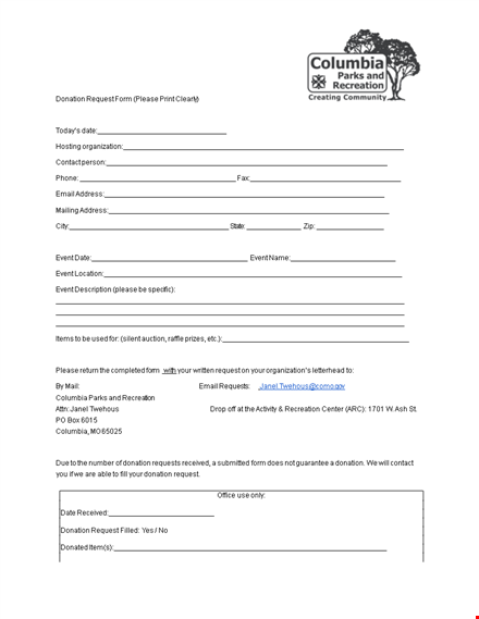 request a donation form for your event - please support us template