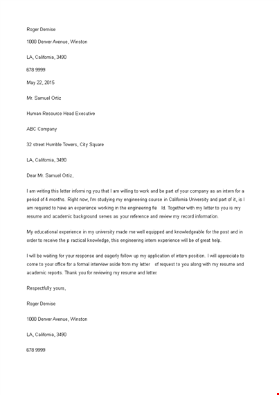 engineering internship cover letter template