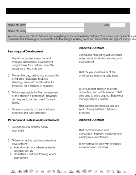 professional nanny job description - daily, weekly, monthly duties for children - required skills template