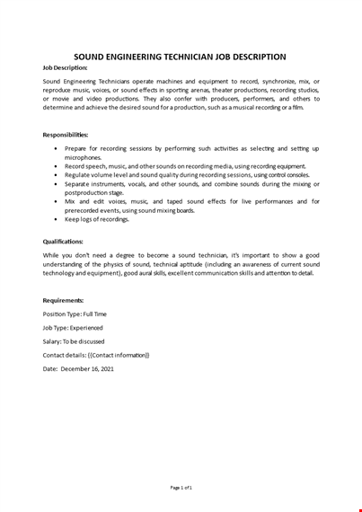 sound engineering technician job description  template