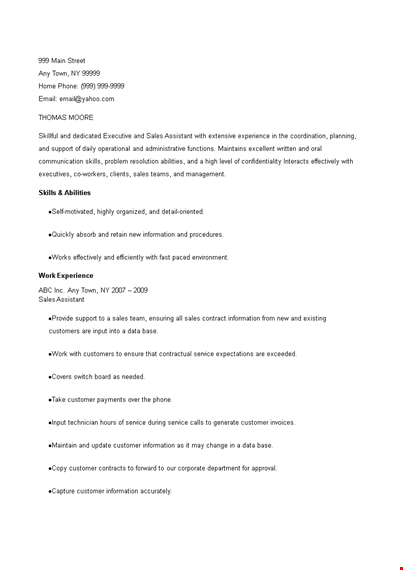 sales executive assistant resume - expert in sales and customer orders template