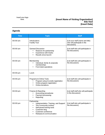 corporate visit agenda - engage staff and facilitate productive discussions template