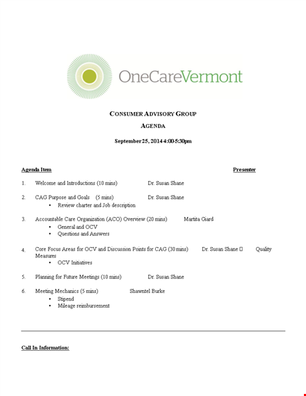 consumer advisory group agenda template