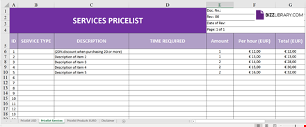 services pricelist template