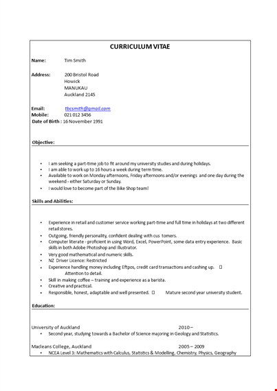 part time curriculum vitae for university experience and skills in auckland template