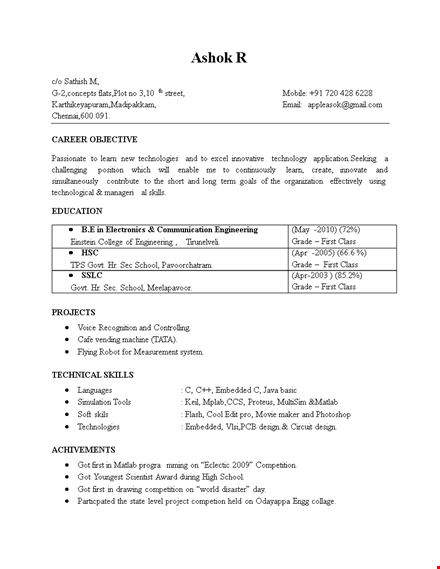 electronics engineering fresher resume format template