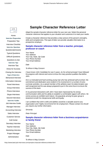 character letter of recommendation for employment template