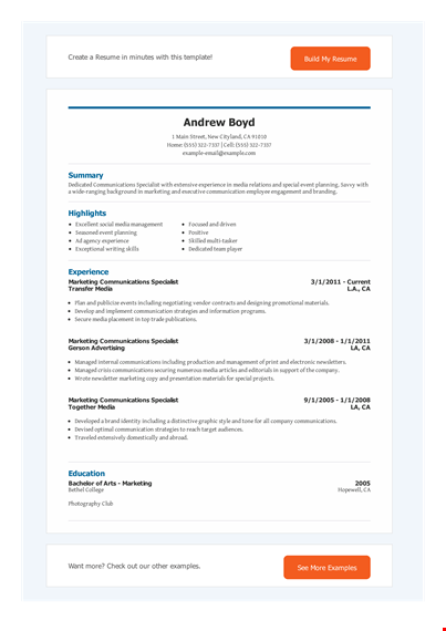 marketing communication executive resume template