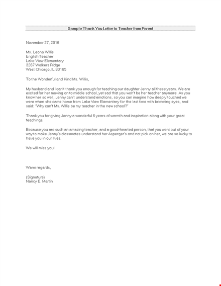 thank you letter to teacher from parent template