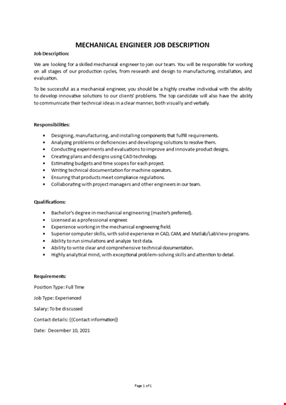 mechanical engineer job description template