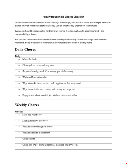 family household chores checklist template template