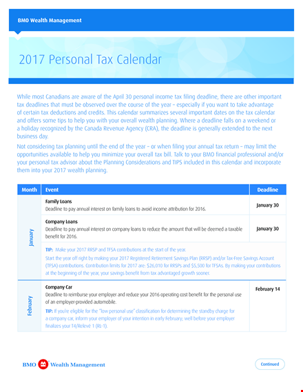 personal tax calendar template