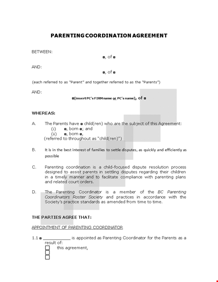 parenting coordinator agreement for child's parents | document template template
