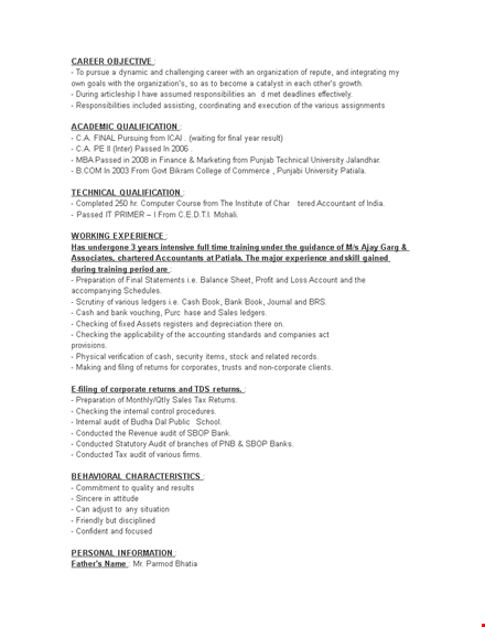 chartered accountant resume objective template