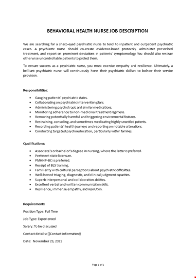 behavioral health nurse job description  template