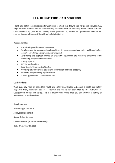 health inspector job description template