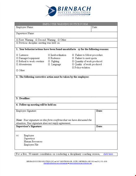 employee warning notice | supervisor signature required template