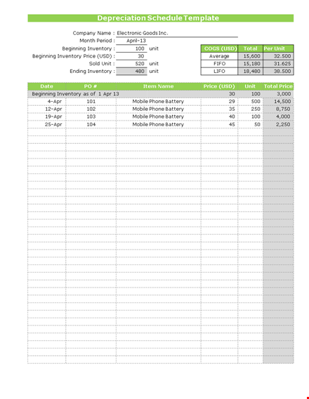 depreciation schedule form template template
