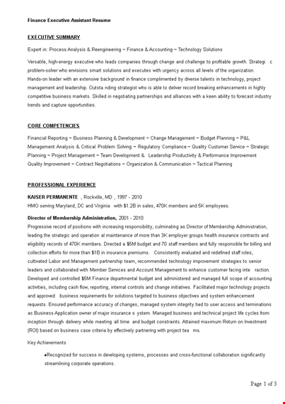 finance executive assistant resume template