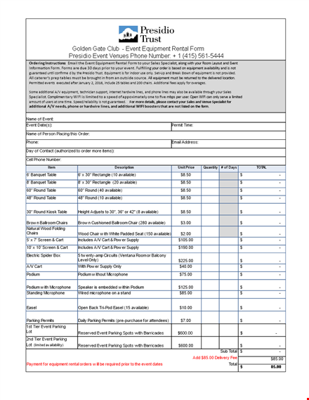 event equiment rental form all template