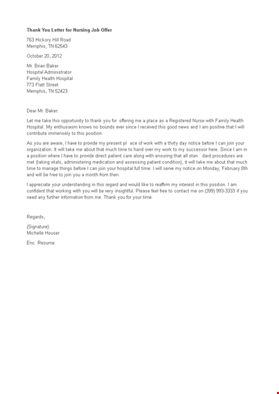 nursing job offer thank you letter template