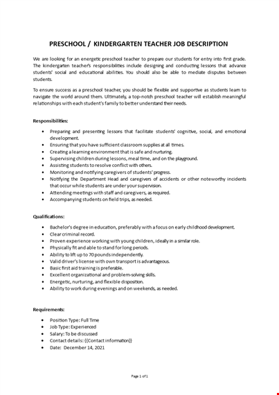 preschool teacher job description template