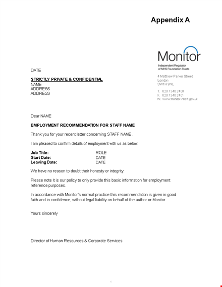free manager recommendation letter template for employment | [company name] template