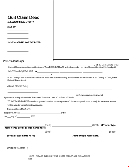 illinois quit claim deed template - print, state template