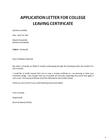 application letter for college leaving certificate template