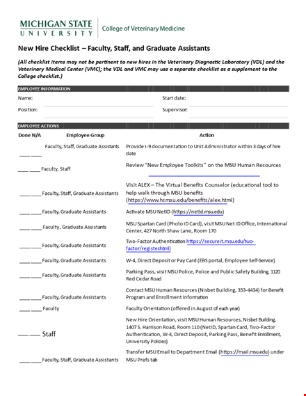 complete new hire checklist for staff, faculty & graduates | assistants template
