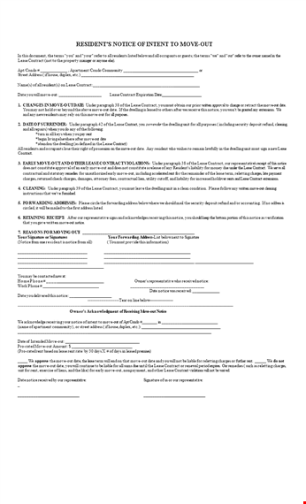 notice to move out | resident's intent | contract & lease details template
