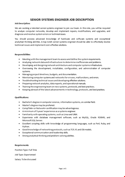 senior systems engineer job description template