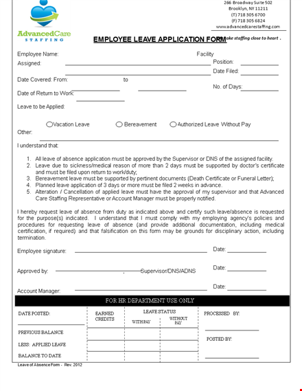 employee leave application form template template