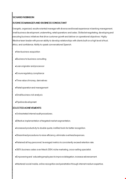corporate banking manager resume template