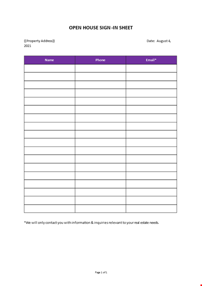 open house sign-in sheet template