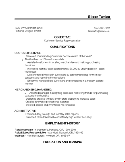 retail sustomer service resume template template