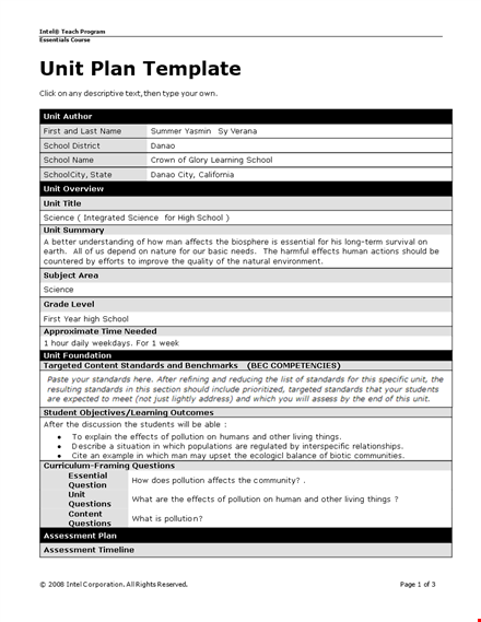 unit plan template for school: a student-centered approach to intel science template
