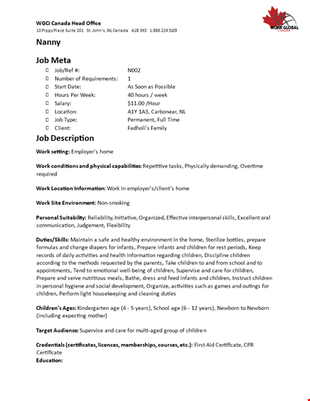 nanny job description - resume, children, prepare template