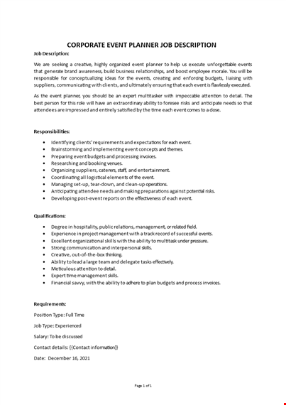 corporate event planner job description template