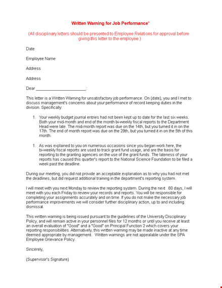 performance warning letter for employees - written warning template