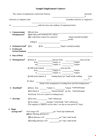 employment contract template for a month period: wages and terms included template
