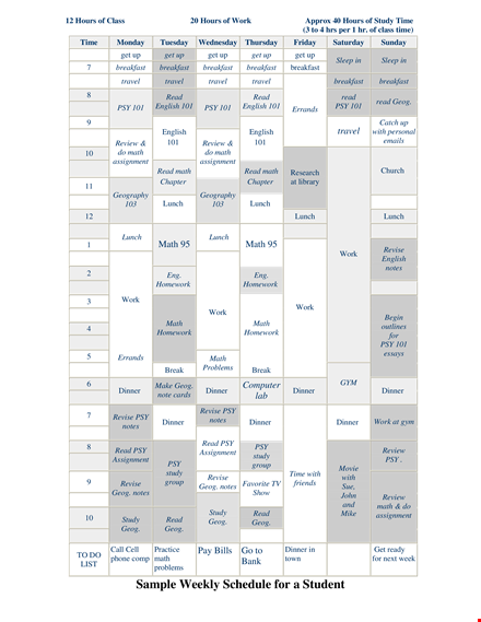 student weekly schedule template template