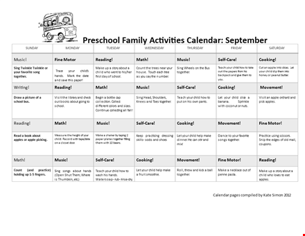 preschool activity calendar template | music, cooking, reading | engage your child template