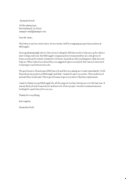 part time job resignation letter template template