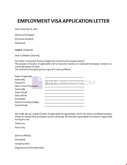 employment visa application letter template