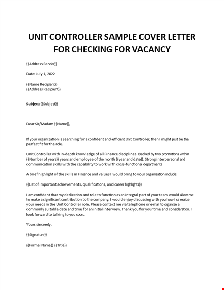 unit controller cover letter template