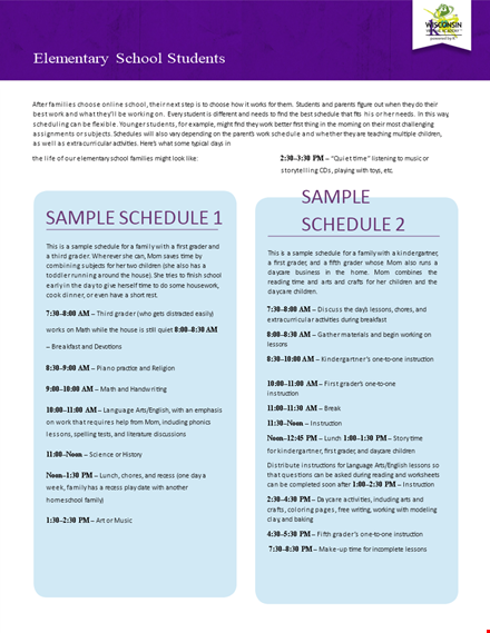 homeschool class schedule template for children in grader template