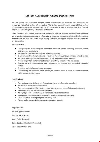 systems administrator job description template